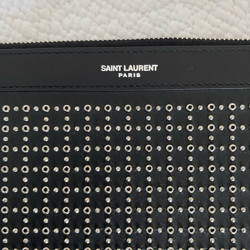 NEW YSL POUCH CASE BLACK LEATHER W SILVER GROMMETS - Picture 7 of 8